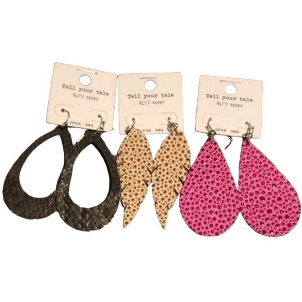 Tell Your Tale Crux Zen Faux Leather Statement Earrings, Set Of 3